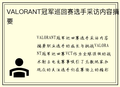 VALORANT冠军巡回赛选手采访内容摘要