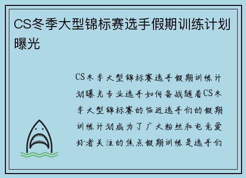 CS冬季大型锦标赛选手假期训练计划曝光